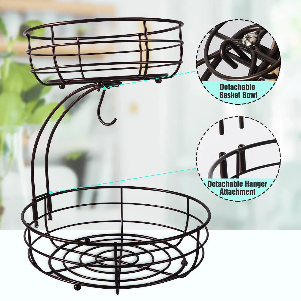 Black double-layer wrought iron fruit basket with two storage tiers and raised bottom plate