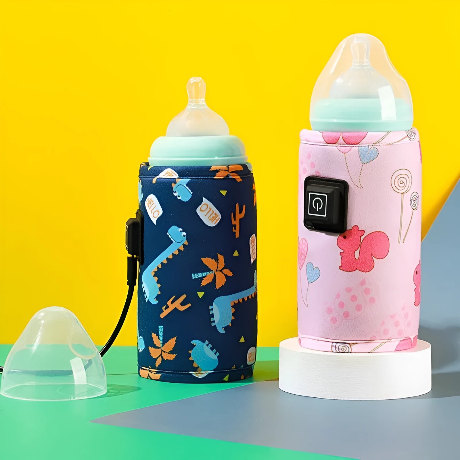 Blue dinosaur design USB baby bottle insulation cover with thermostatic heating.