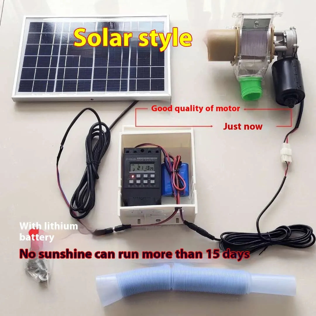 Solar-powered automatic chicken feeding device with timer and watertight caisson housing