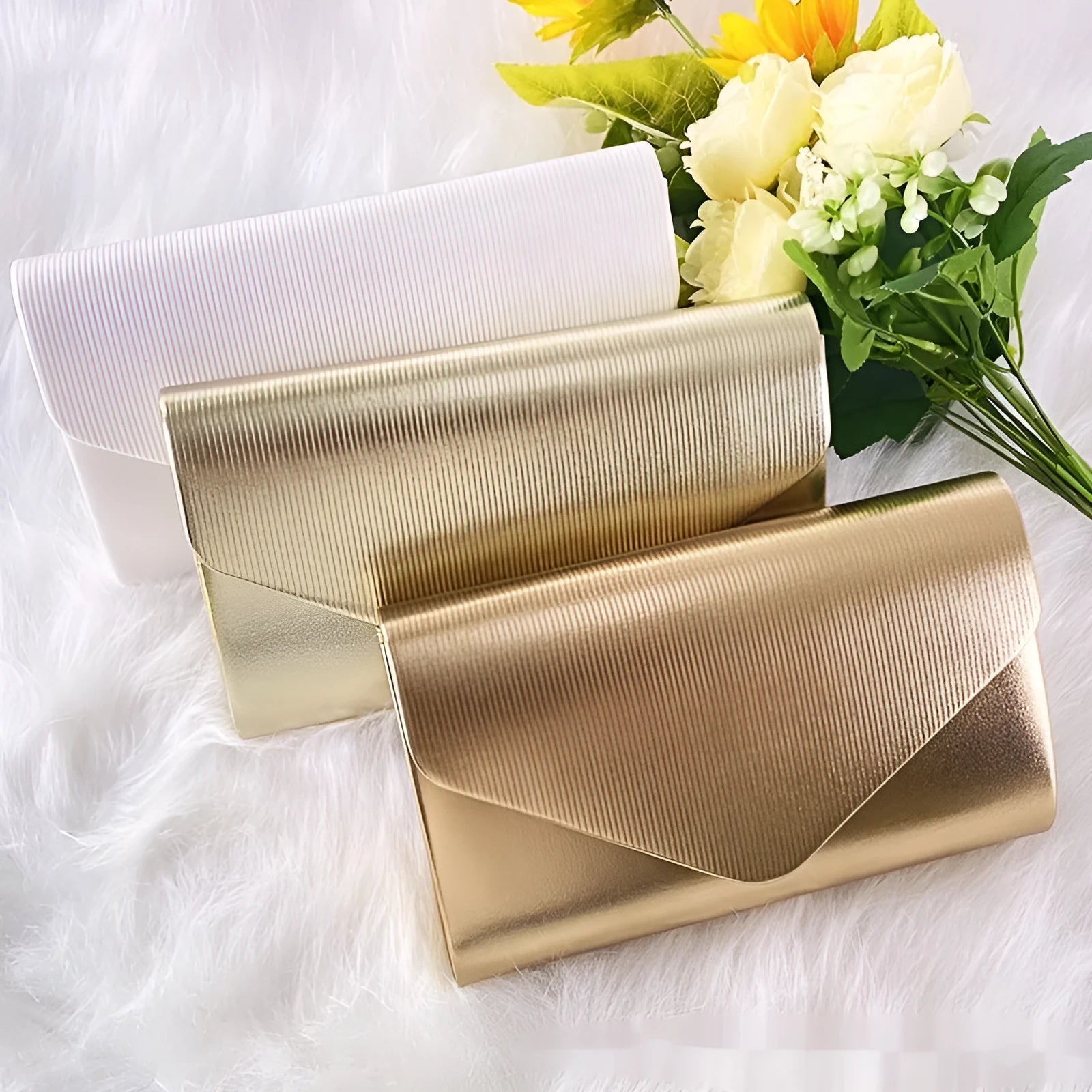 Women's shiny PU large capacity clutch bag in horizontal square shape with sandwich pocket, Champagne colour