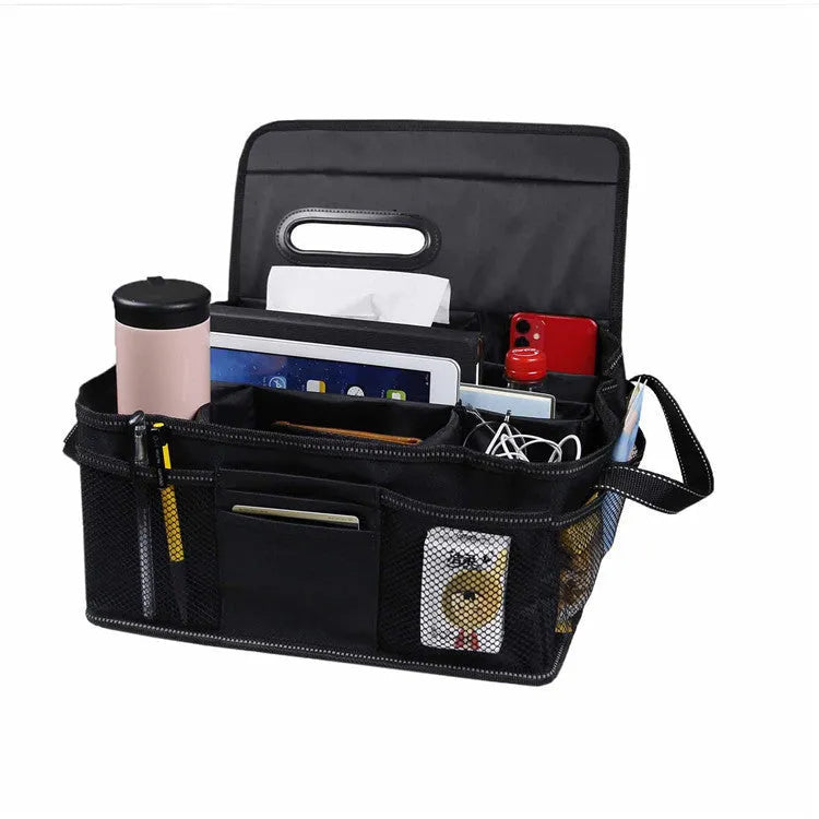 Black Oxford cloth car trunk storage box with reinforced handles and 33x33x16cm dimensions