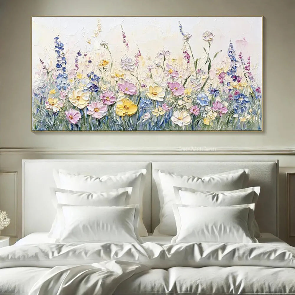 Handmade oil painting canvas with 3D palette knife flowers, rolled frameless unstretched wall art for home decor