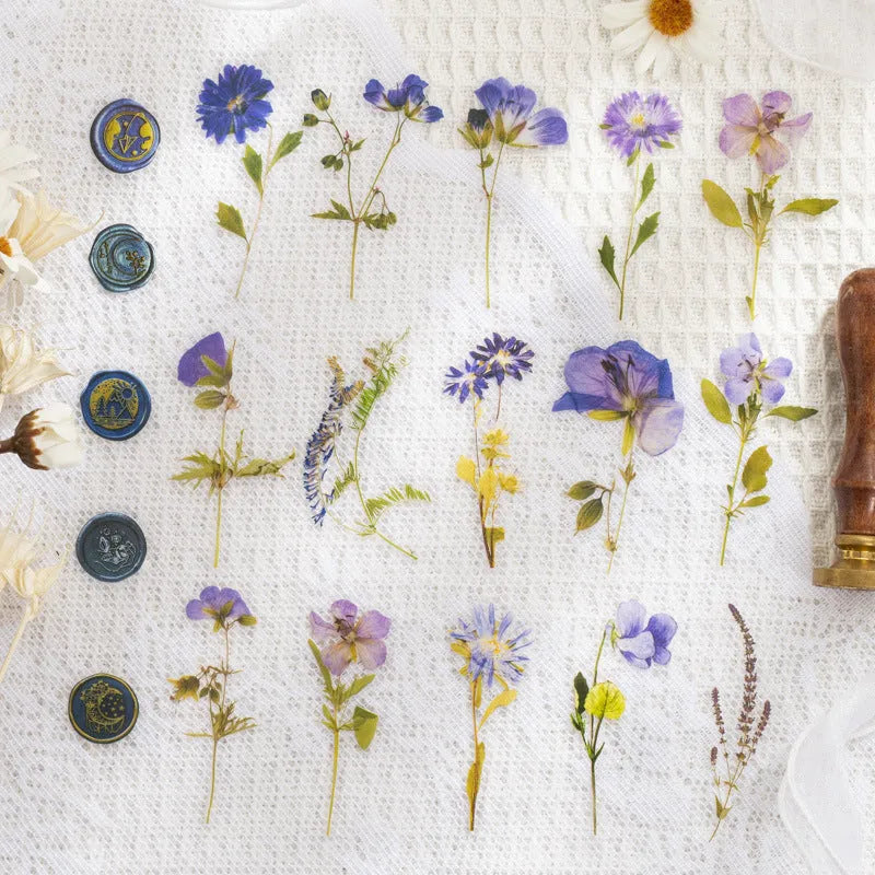 Square dried flower and fire paint design journal stickers in eight colour styles including purple, blue, orange, and pink.