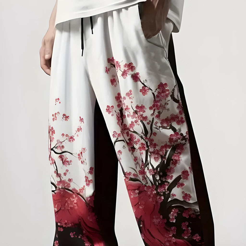 Men's casual straight-leg trousers in plaid gradient print, polyester air layer, drawstring waist, sizes S-5XL.