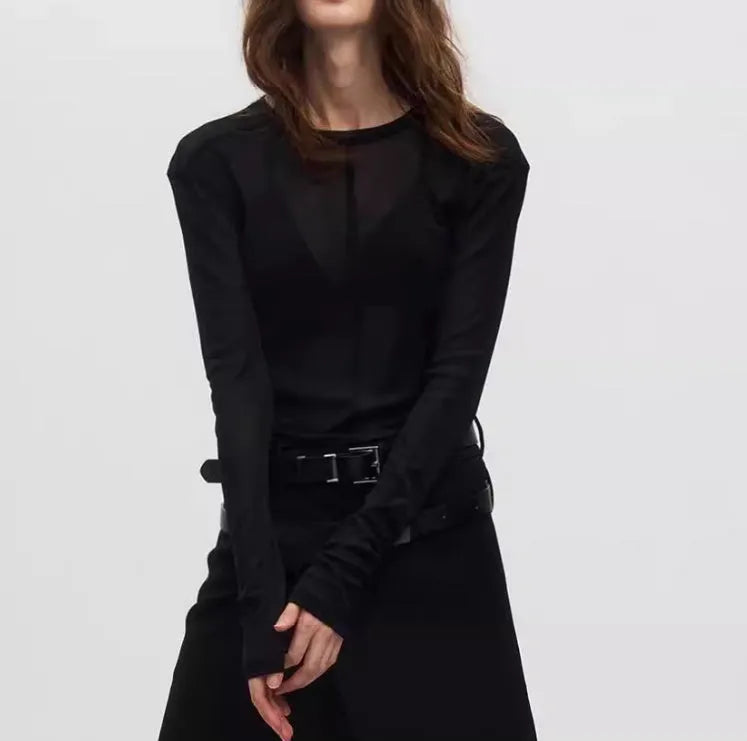 Black mesh see-through texture slim-fit long sleeve PU pullover top with round collar.