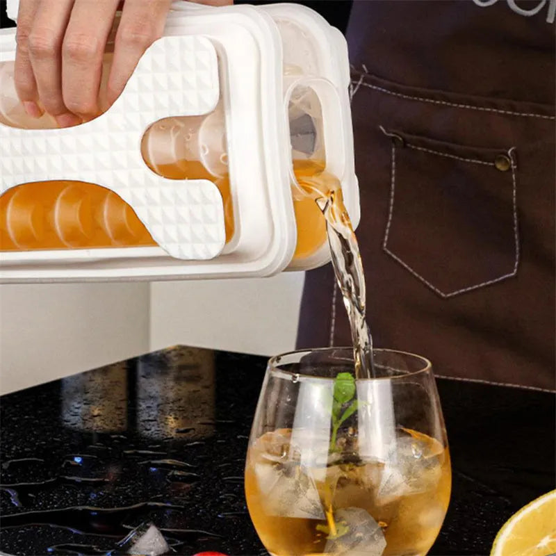 Portable silicone ice ball mould and water bottle in light grey, sky blue, or white, showing 2-in-1 design.