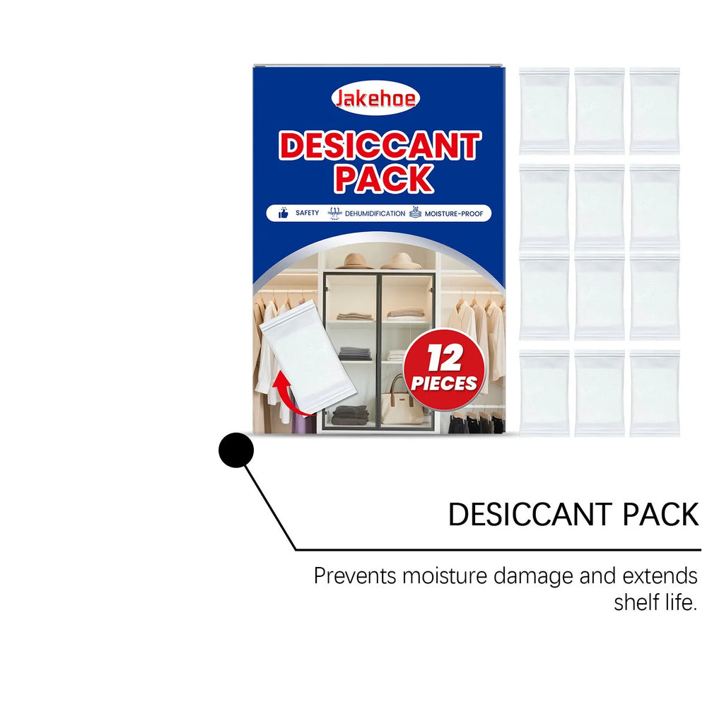 Pack of 12 white calcium chloride desiccant sachets for household moisture absorption.