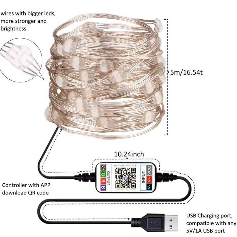 Warm white LED copper wire light string on USB plug with remote control