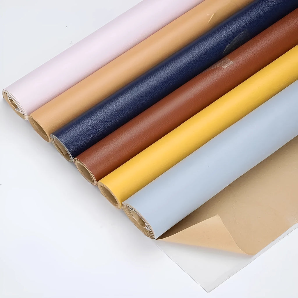 Self-adhesive PU leather repair patch in beige, showing texture and backing, for sofa or car seat repair