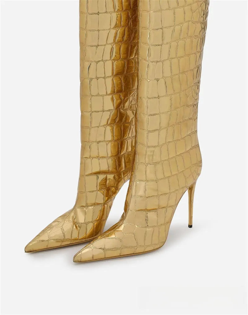 Women's leopard print pointed stiletto heel boots with side zipper on display