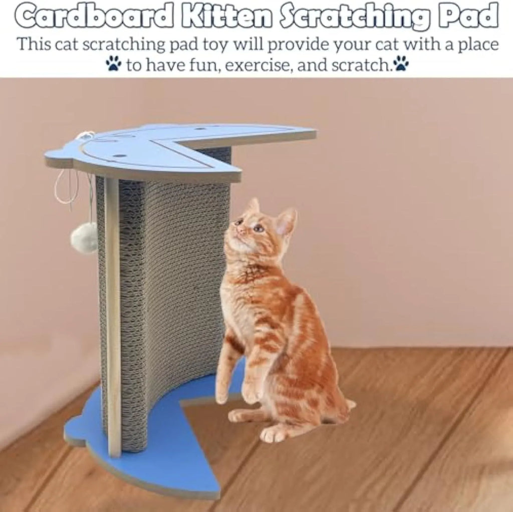 Corner-mounted cat scratching pad with hanging ball attachment for furniture protection