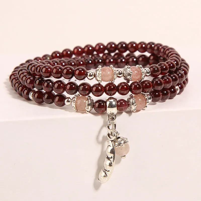 Wine red garnet crystal bracelet with flower design in bohemian style