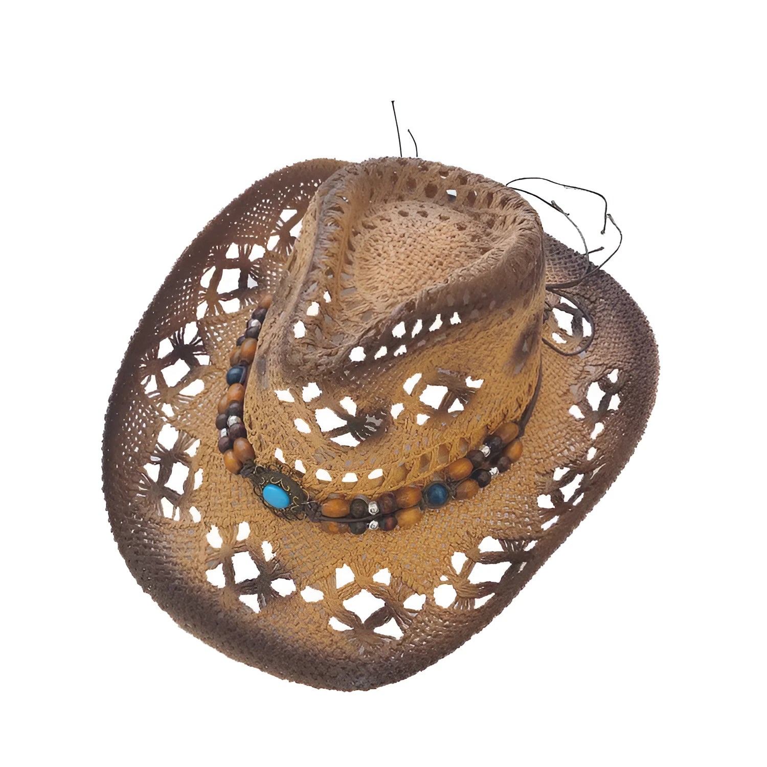 Women's brown straw cowboy sun hat with stitching detail on white background