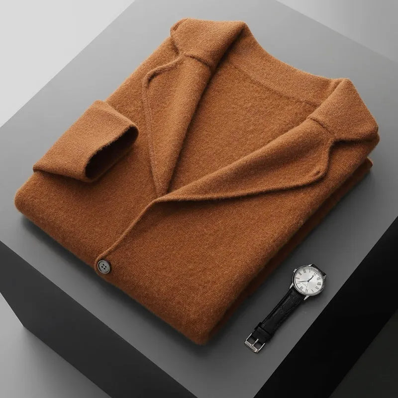 Men's cashmere lapel cardigan in light grey showing thickened knit construction and loose fit
