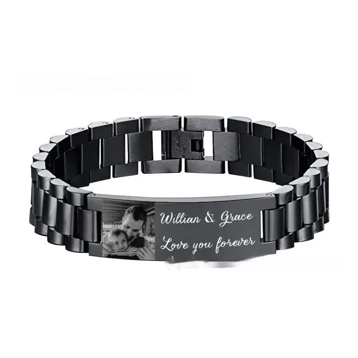 Men's stainless steel lettering bracelet with curved heart shape in black or grey electroplated finish