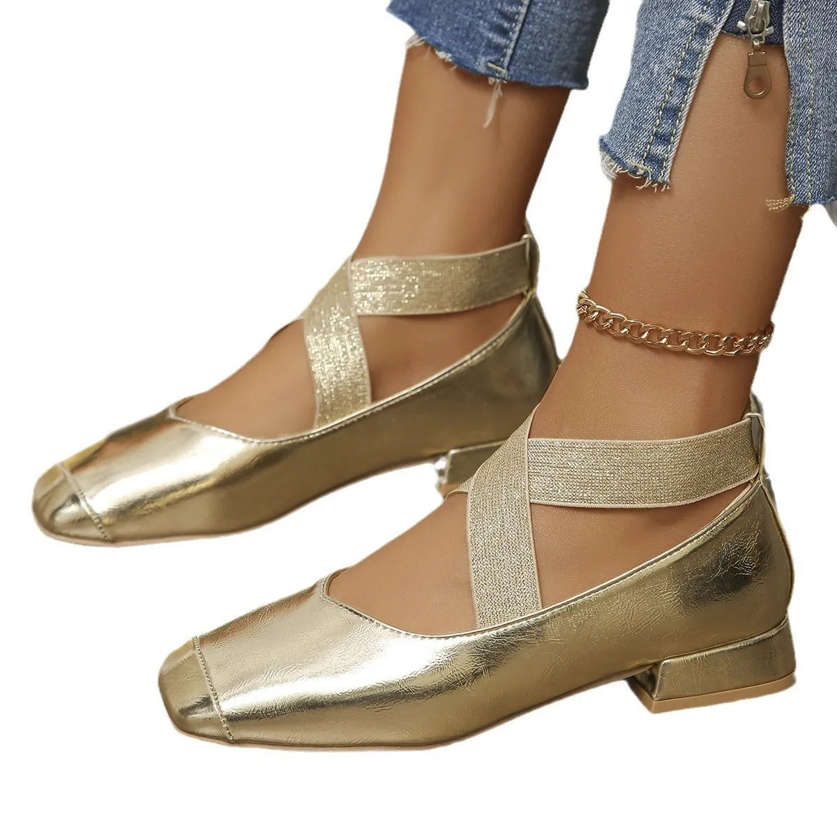 Gold slip-on overshoes with a square toe and low rubber heel, shown as shoe covers.