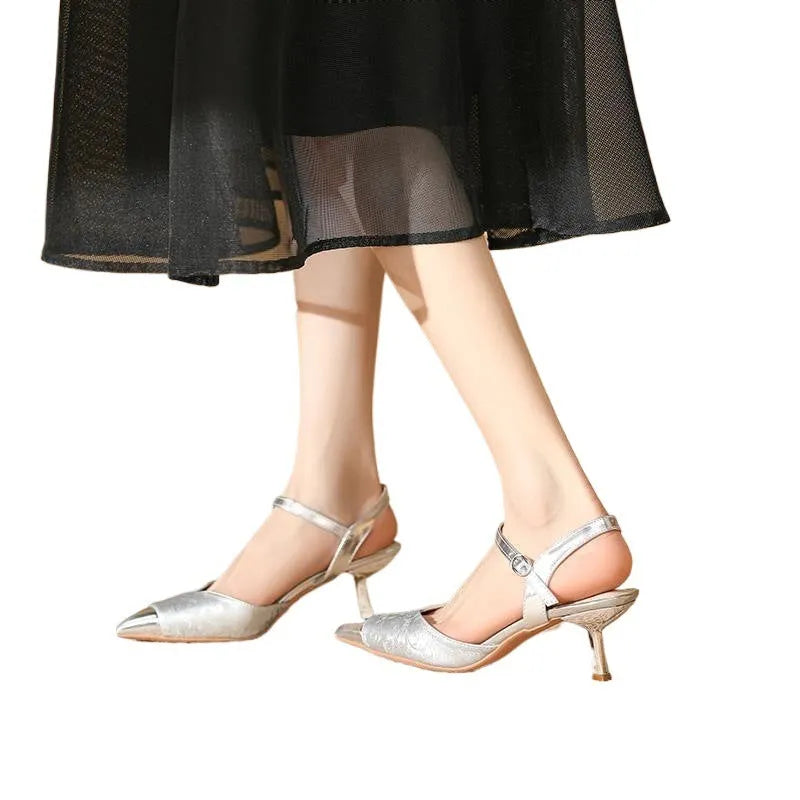 Women's pointed toe high-heeled sandals in leather with 6CM heel