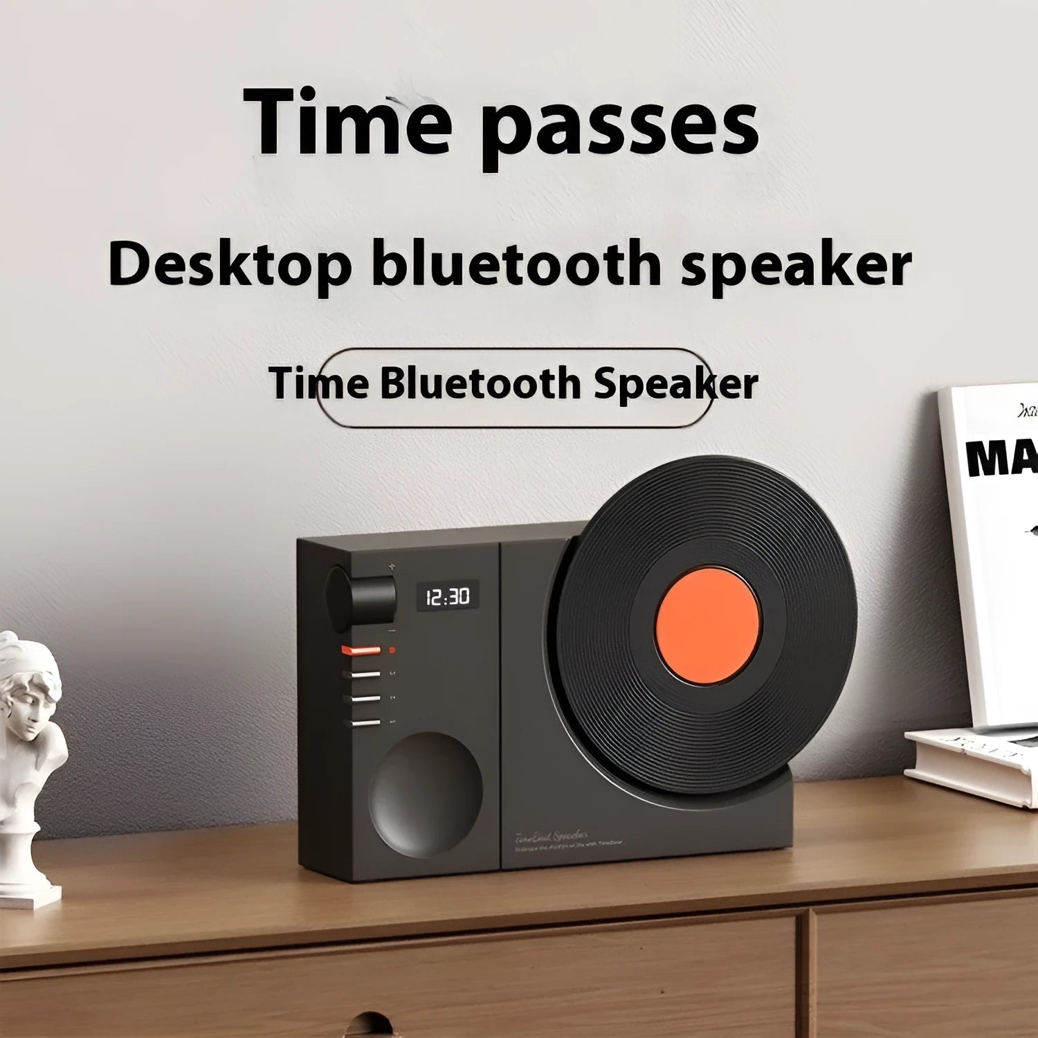 Mini Bluetooth speaker in plum green colour showing card slot and USB charging port