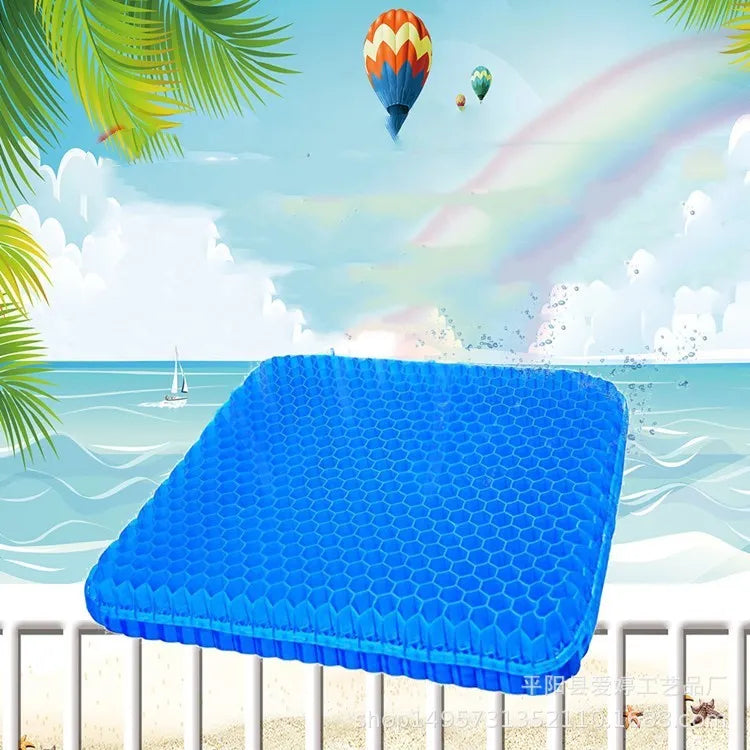 Rectangular gel seat cushion with honeycomb pattern and a solid-colour removable cover.