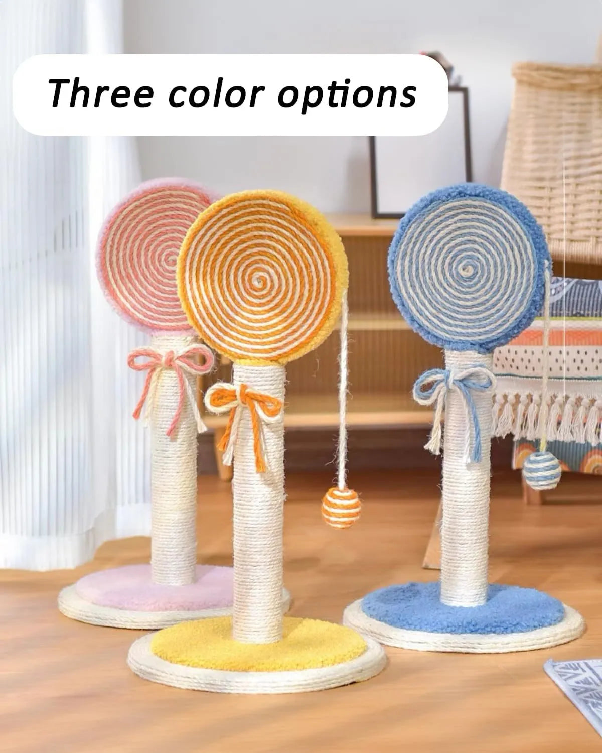 Blue cat scratching post with natural sisal rope and a hanging ball on a stable wooden base.