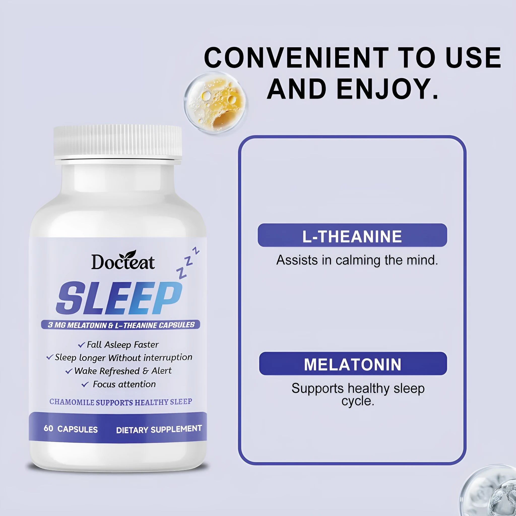 Bottle of sleep support capsules with L-theanine and melatonin, 60 capsules.