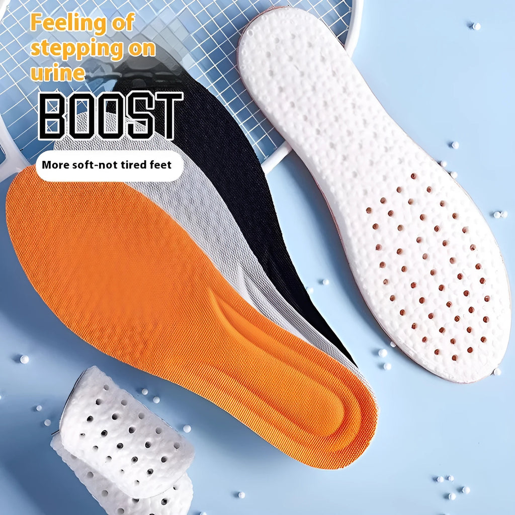 A pair of soft, grey breathable sports insoles made from elastic PU material, shown with a scissors indicating the cut-to-fit feature.