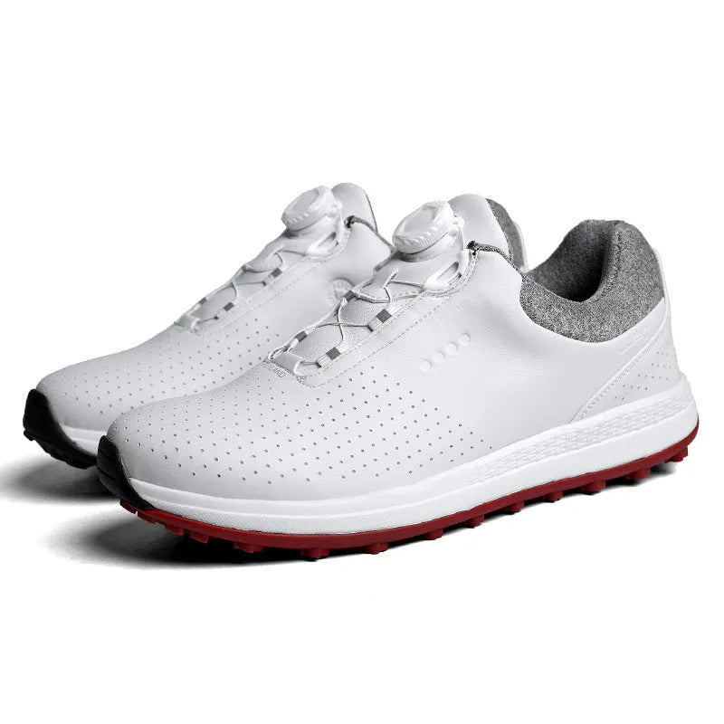 Men's white and black low top golf shoes with breathable design and MD sole
