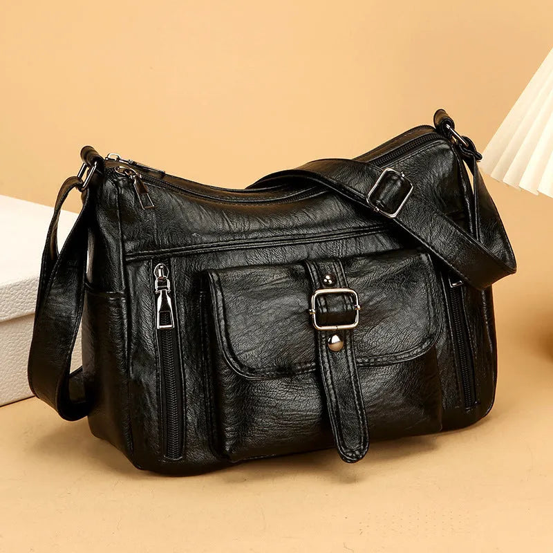 Retro soft PU leather shoulder messenger bag, 27x20x10cm, in black, brown, blue or purple, with sandwich pocket.