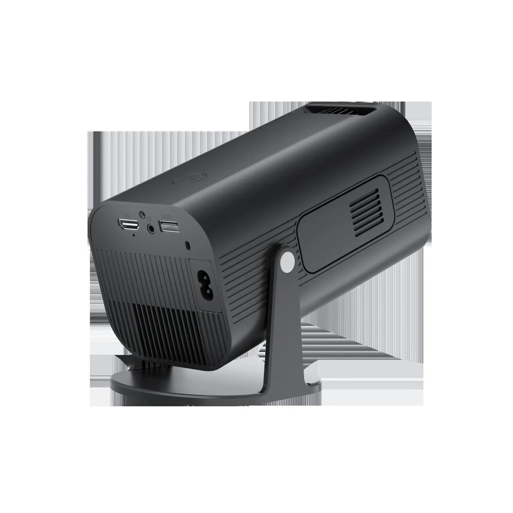 Black and white P330 portable mini projector with remote control on a table.