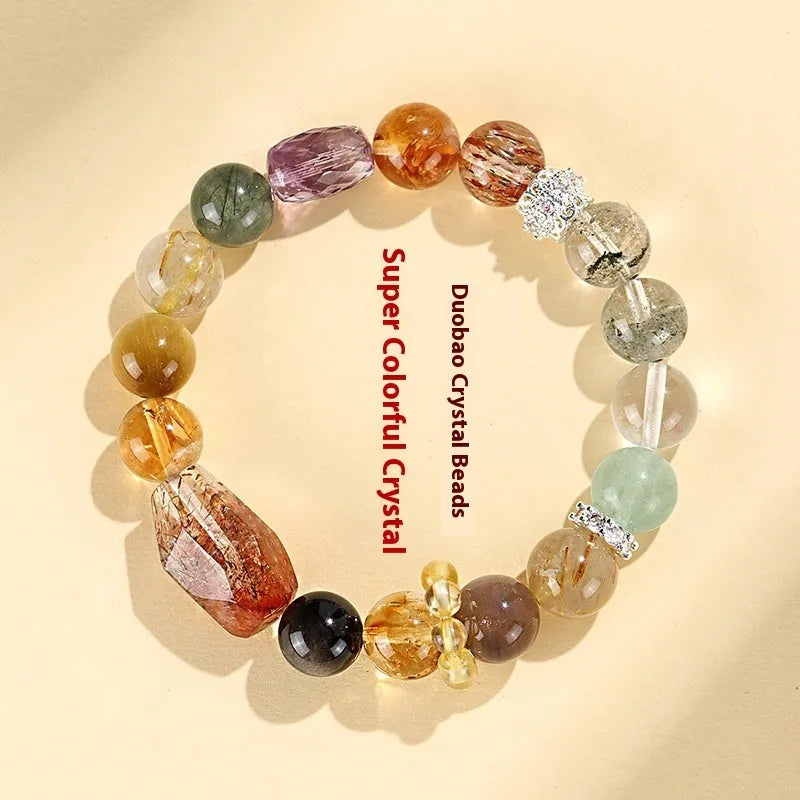 Handmade black and gold string bead bracelet made with natural Duobao crystal.