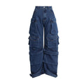 Women's blue baggy wide leg cotton denim jeans with multi-pockets, European style