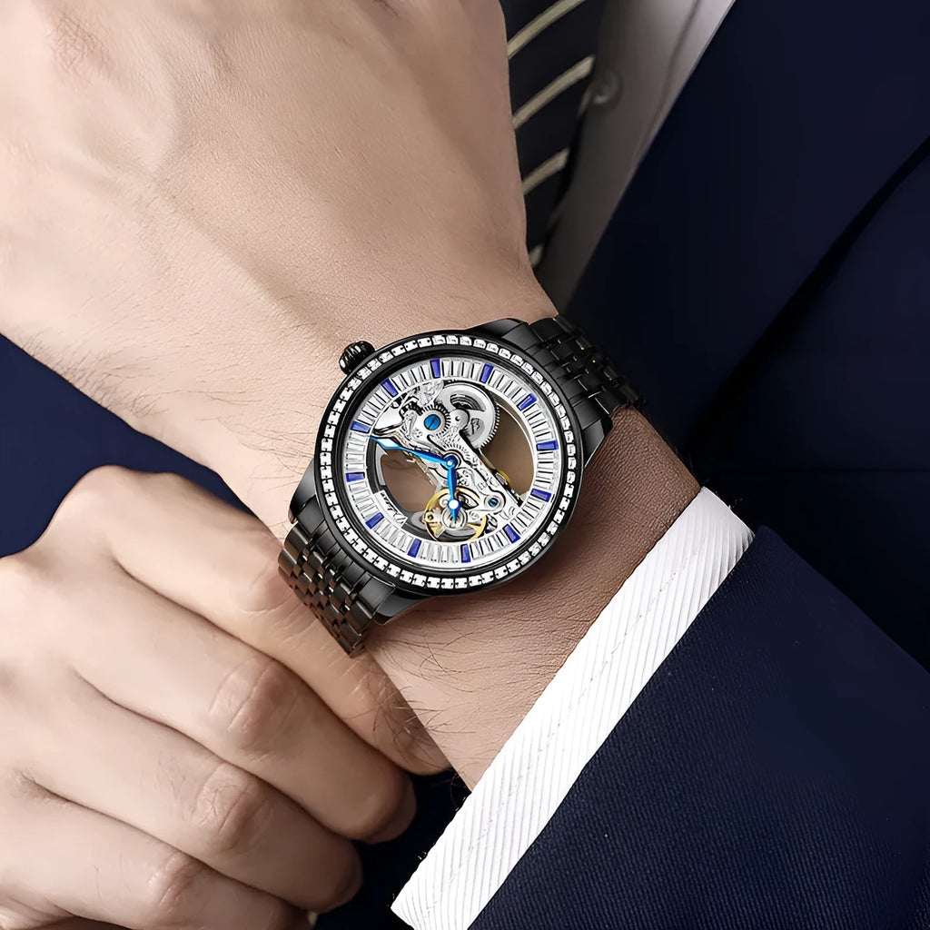 Men's luxury zircon dial waterproof mechanical watch on wrist with transparent case back