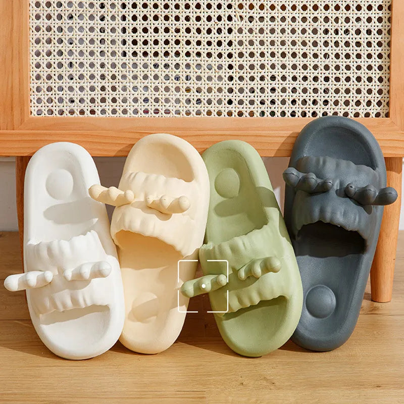 White EVA flip flop slippers with a cute deer horn design and a non-slip sole.