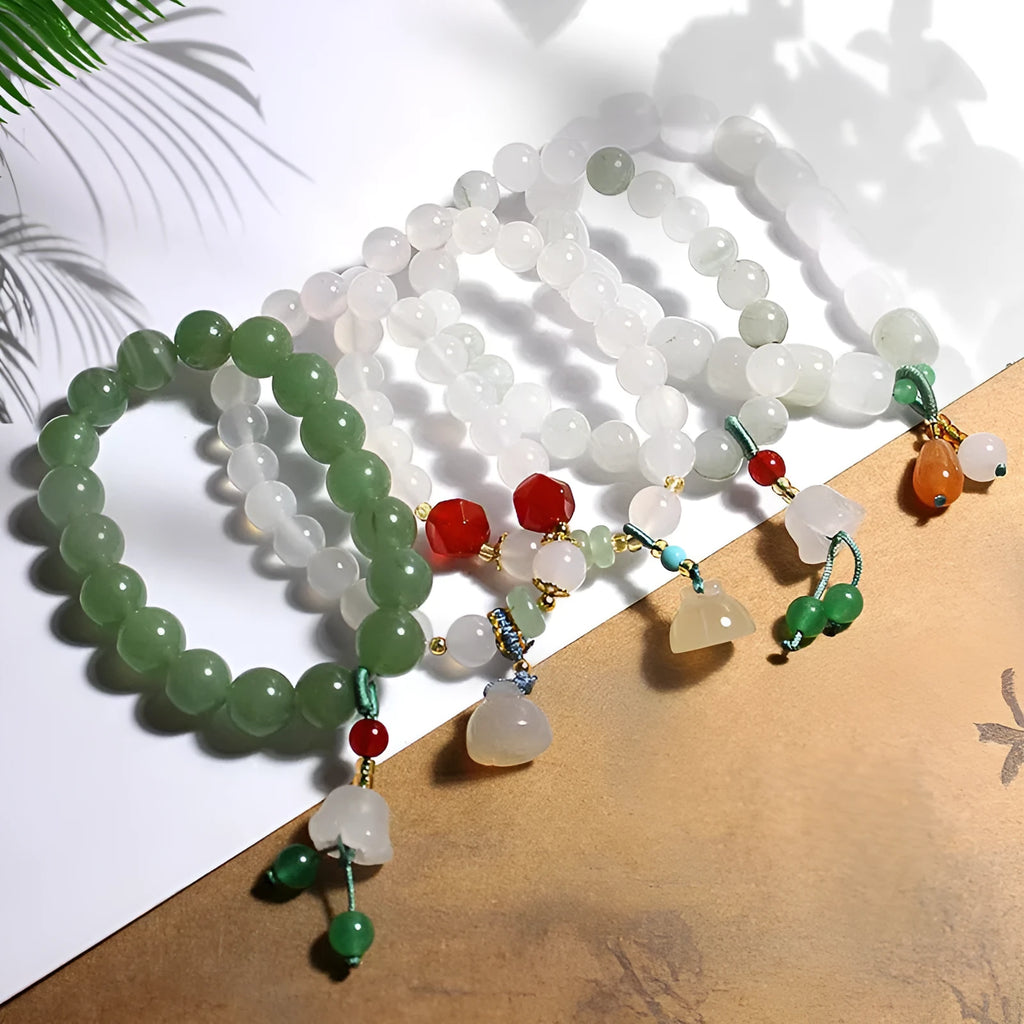 Natural white agate round beads lotus seedpod bracelet with hand-woven Chinese style design
