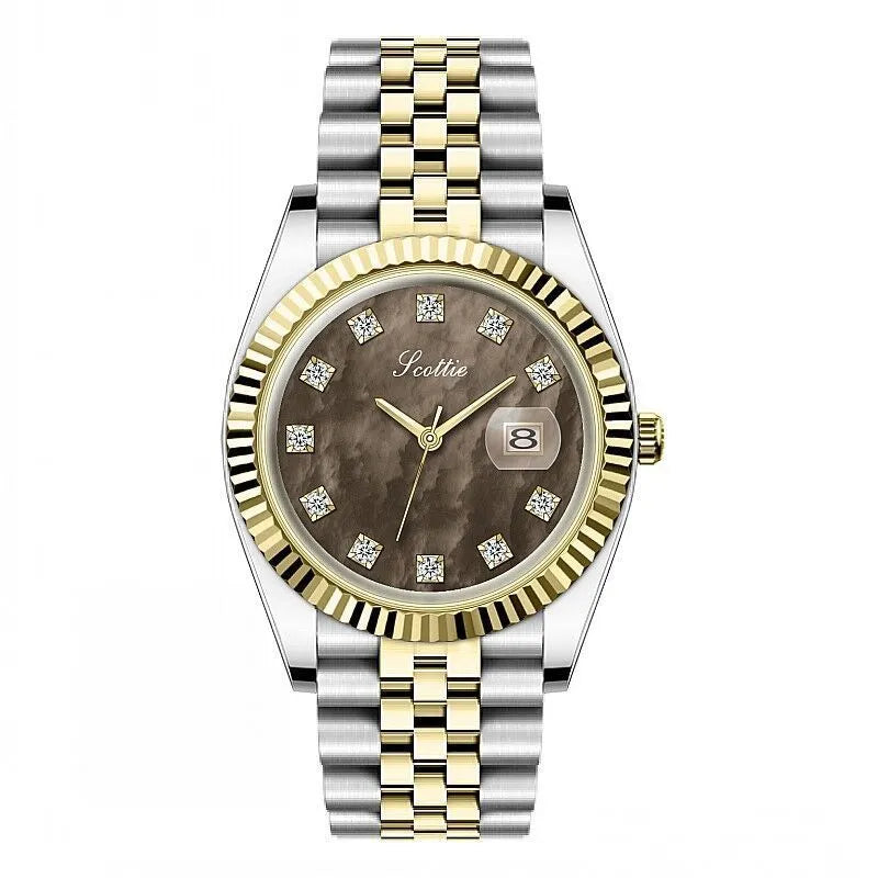 Women's casual quartz watch with solid steel belt, gold case, and white dial with calendar display