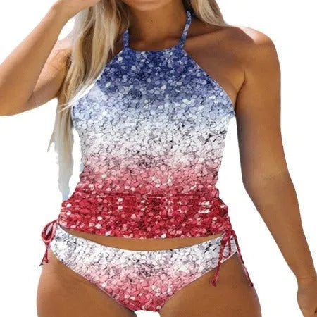 Women's gradient tether high waist backless split bikini set in polyester, top and pants, sizes S to 2XL