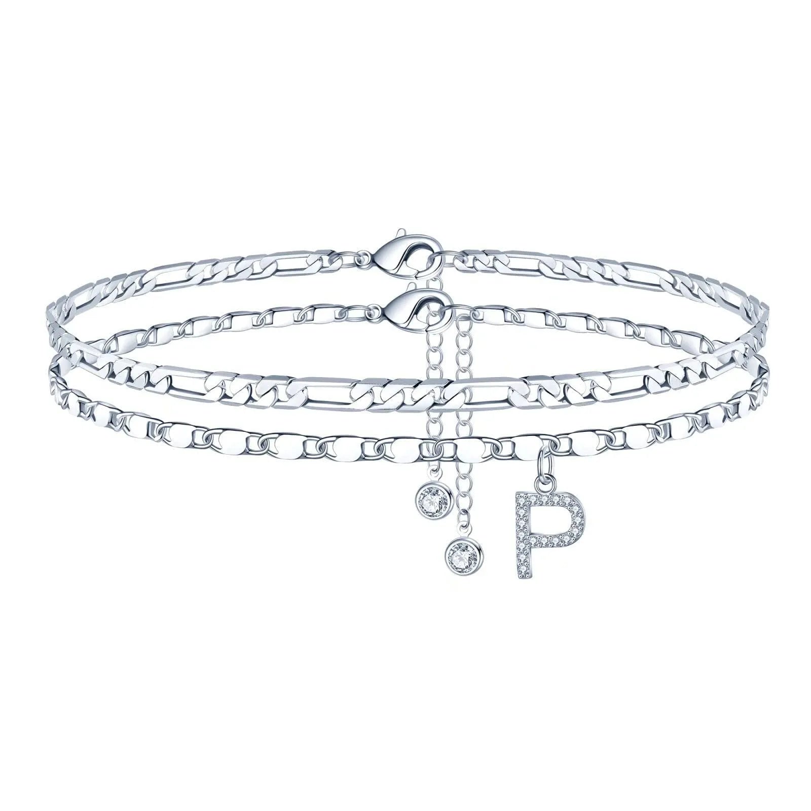 Copper double-circle bead anklet with silver colour finish showing customisable letter styling options