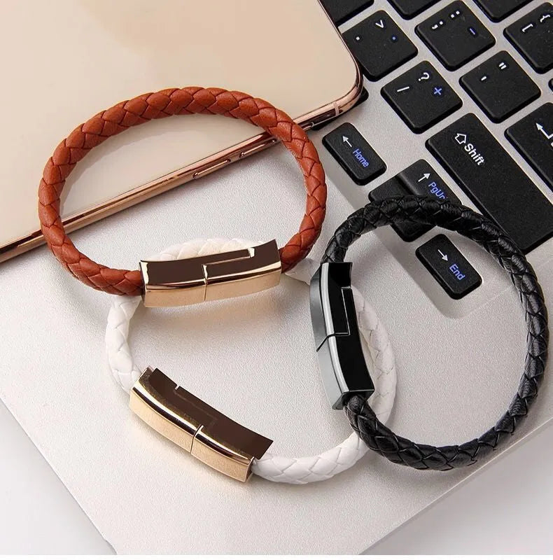 Black braided PU leather bracelet charger USB cable with zinc alloy connector on wrist