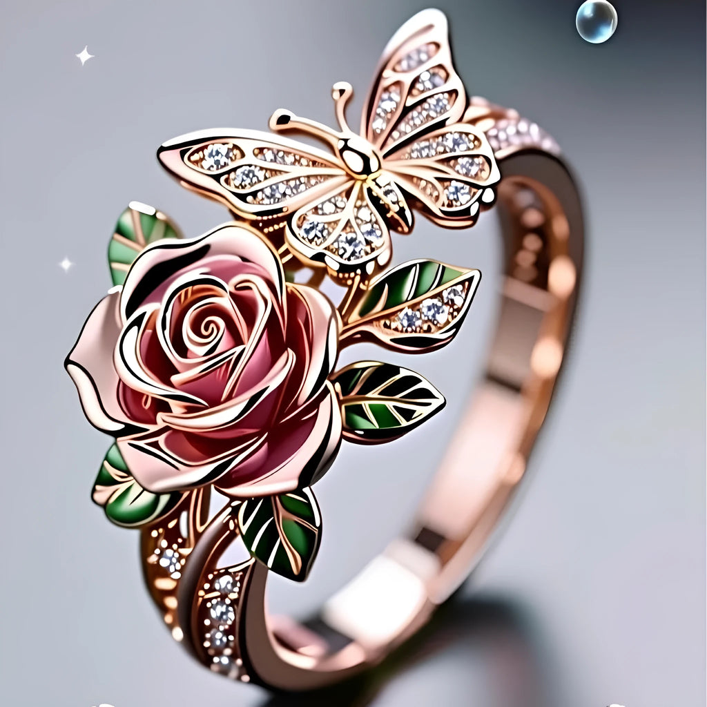 Adjustable colourful alloy ring with drip oil finish, featuring flower, insect, and leaf designs in a fairy style.