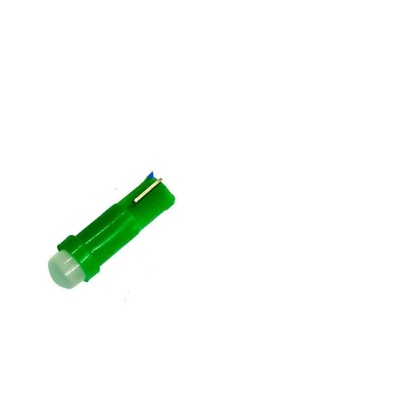 T5 ceramic base car instrument LED bulb showing seven colour options including blue, green, red, and yellow