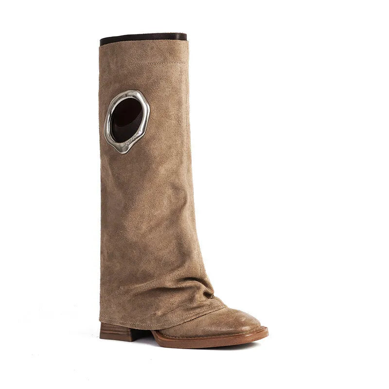 Women's black or apricot mid heel knee-high boots with square toe and rubber sole, sizes 35-40
