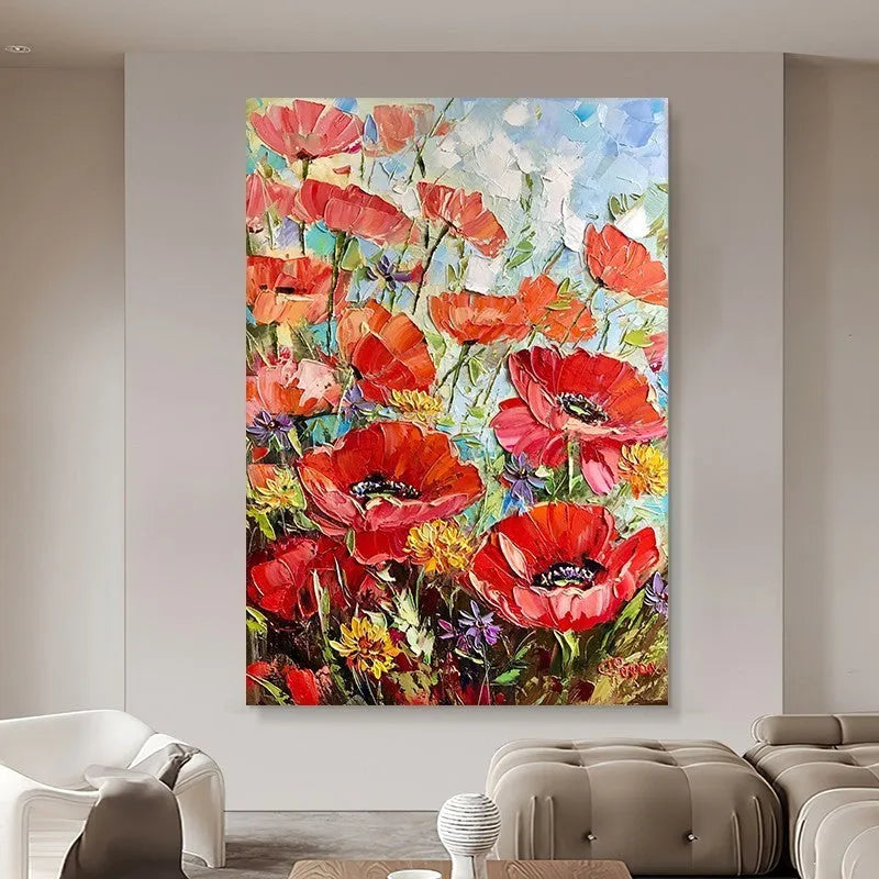 Handmade thick oil red flowers modern canvas wall art unframed
