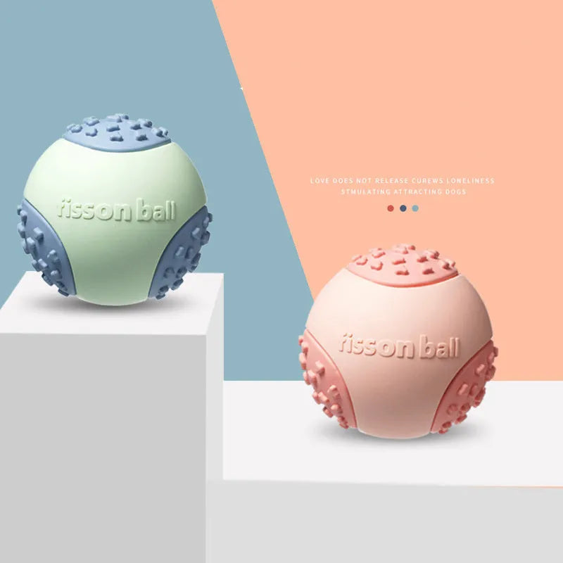 Green and pink durable plastic rolling ball dog toy with 64mm diameter for small and medium dogs
