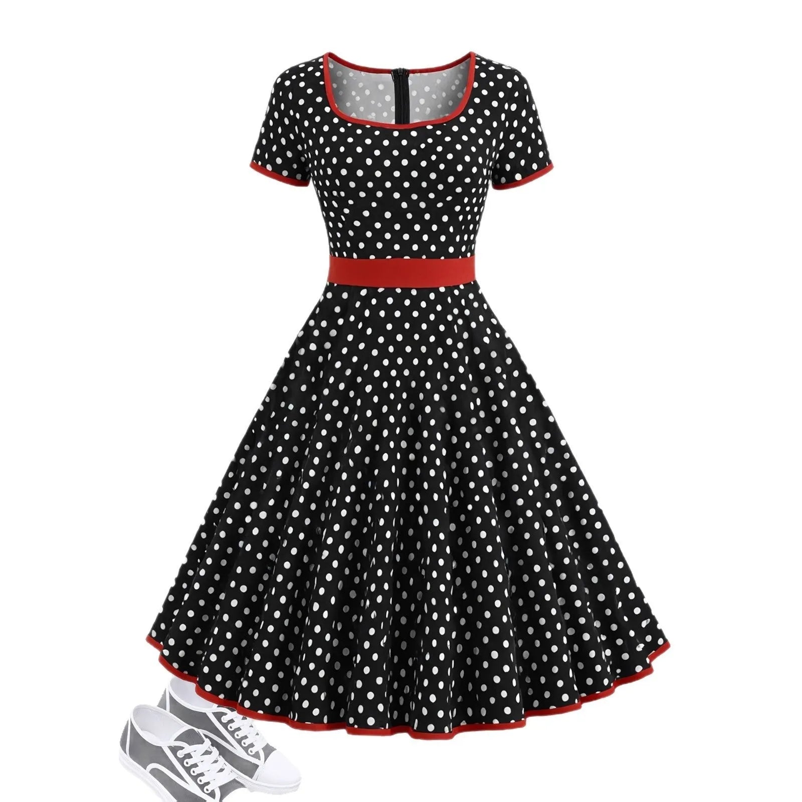 Multicolour polka dot pleated midi dress with a square collar and short sleeves on a hanger.