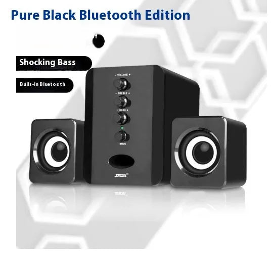 Set of three plastic computer speakers in black: one main unit and two satellite speakers with 3.5mm audio and USB cables