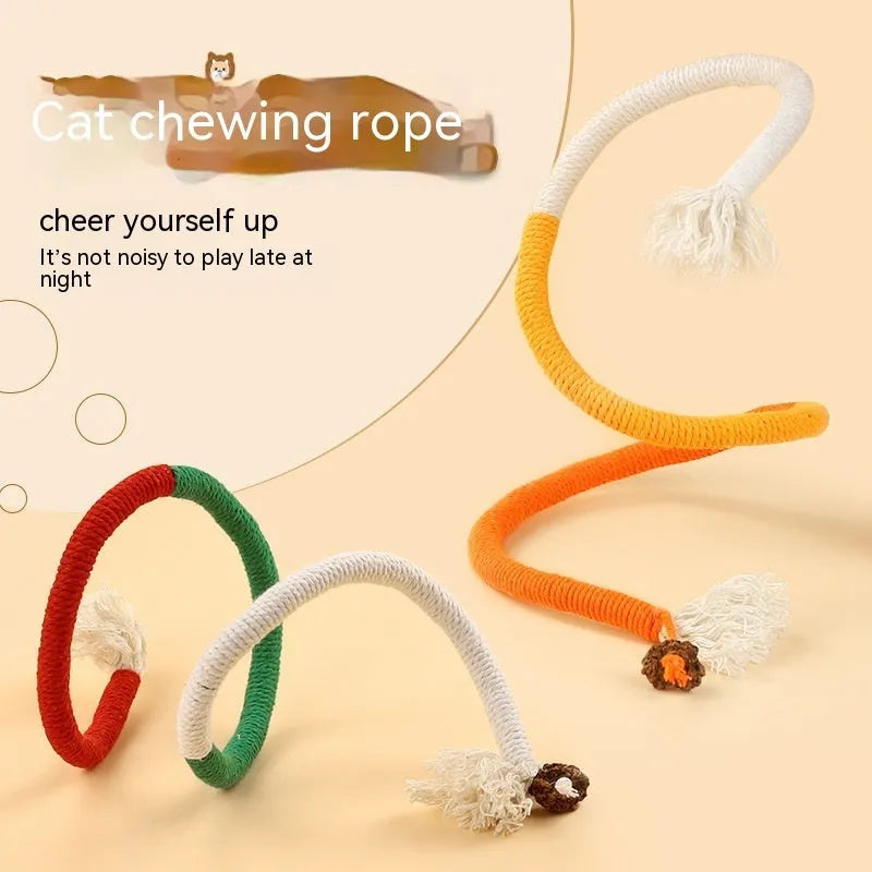 Cat bite rope toy in full orange colour made of cotton thread with attached teaser stick