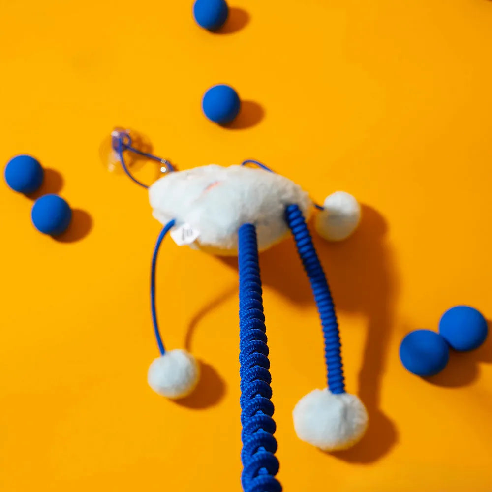 Blue cat toy with 30cm plush ring on elastic telescopic rope and mint bell attachment
