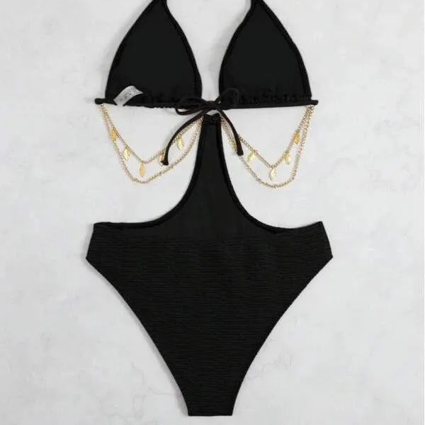 Women's black bikini swimsuit with a chain detail on the front, sleeveless design.