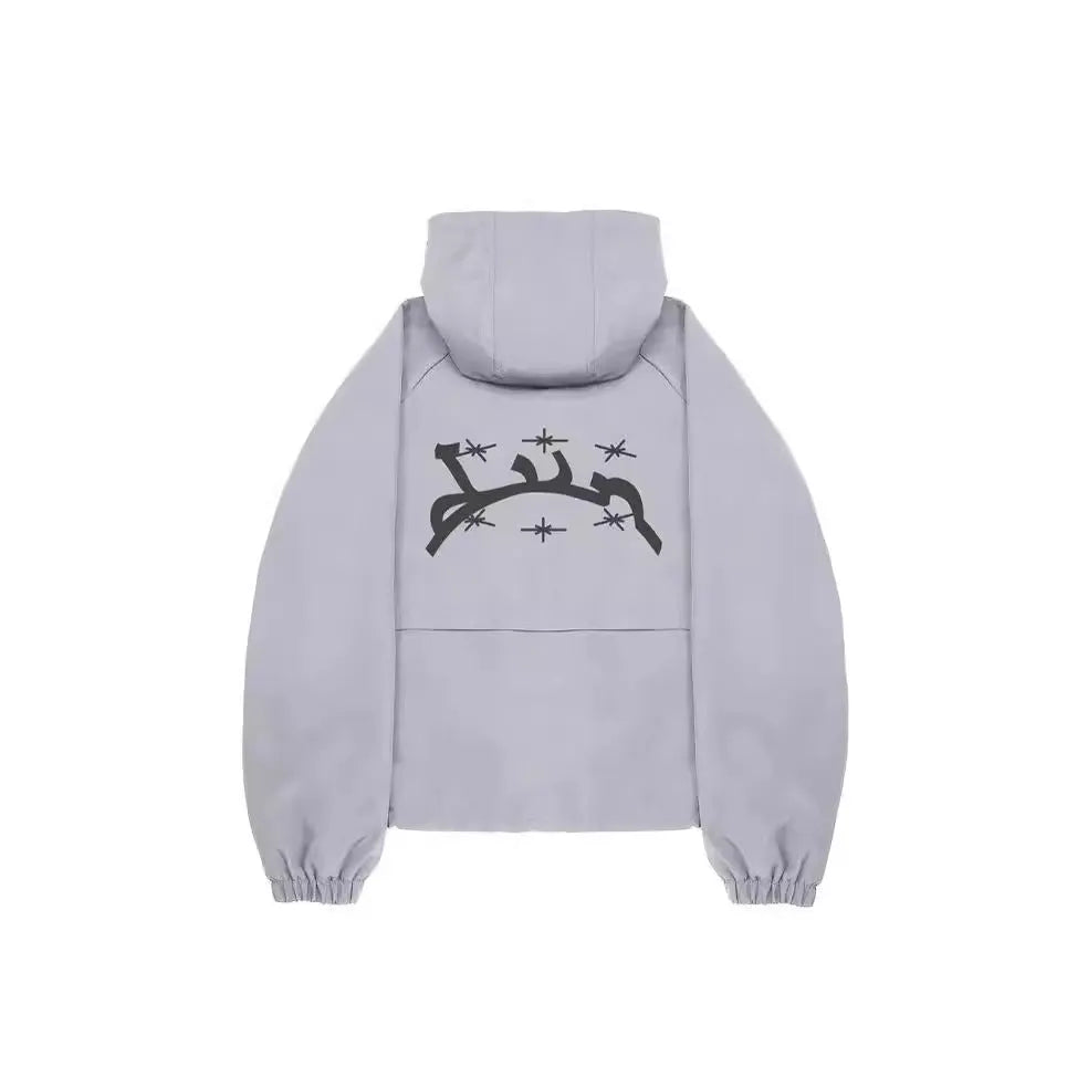 Men's British style hooded jacket in grey polyester fabric with loose fit design