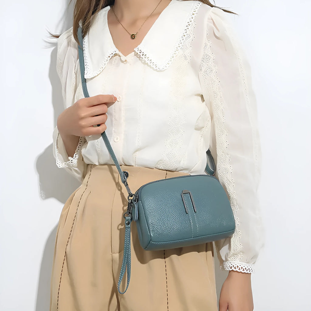Genuine first layer cowhide women shoulder bag in horizontal square shape, 19cm length, available in black navy green brown and khaki
